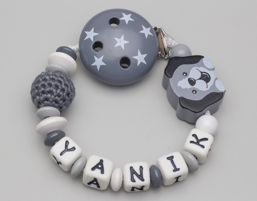 Schnullerkette mit Hund, Motivclip & Häkelperle und Namen