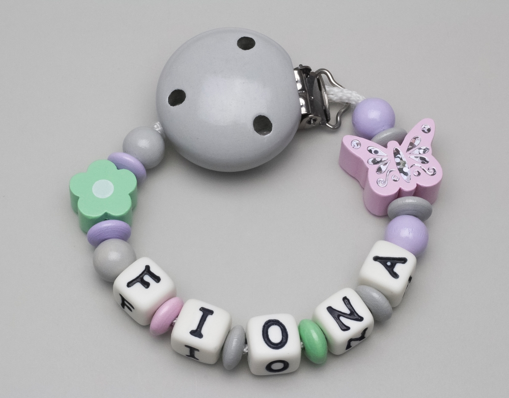 Schnullerkette mit Schmetterling & Blume und Namen