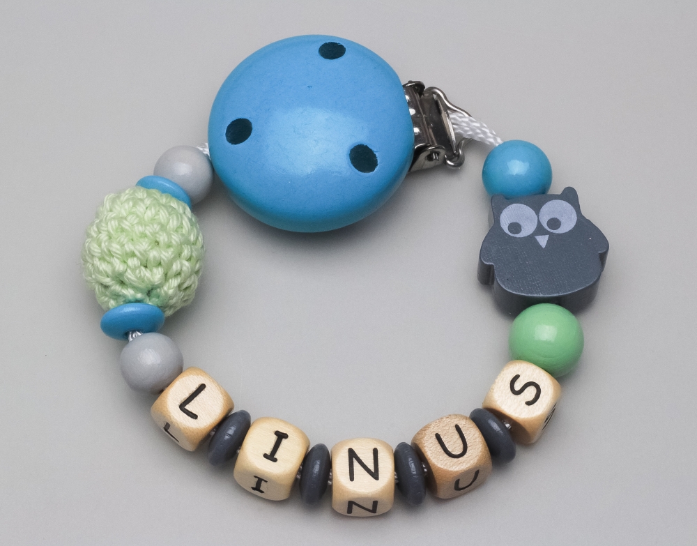 Schnullerkette mit Eule & Häkelperle und Namen