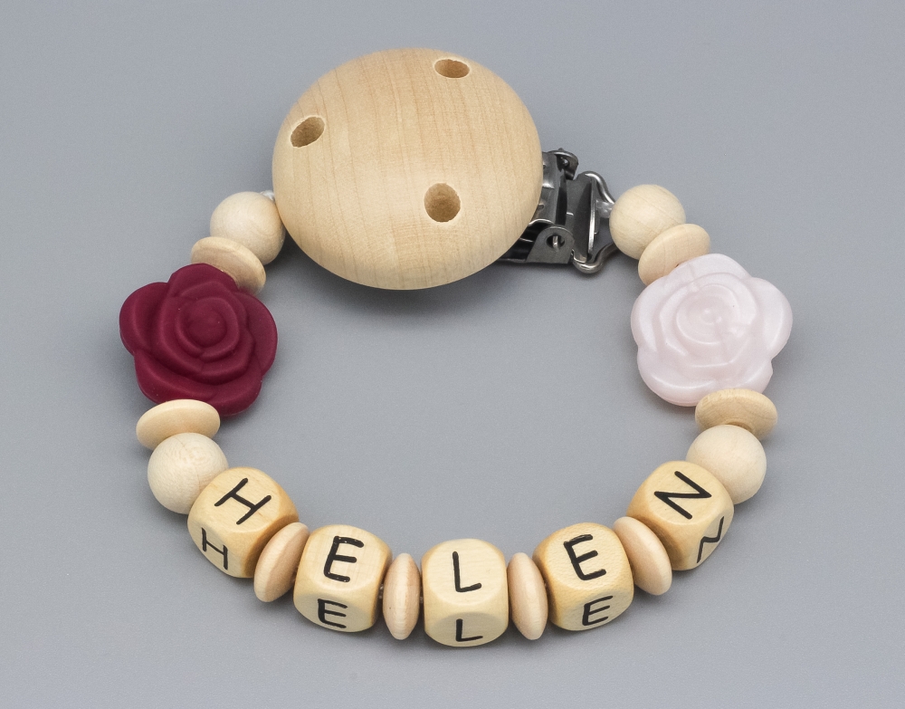 Schnullerkette mit Silikonblumen und Namen