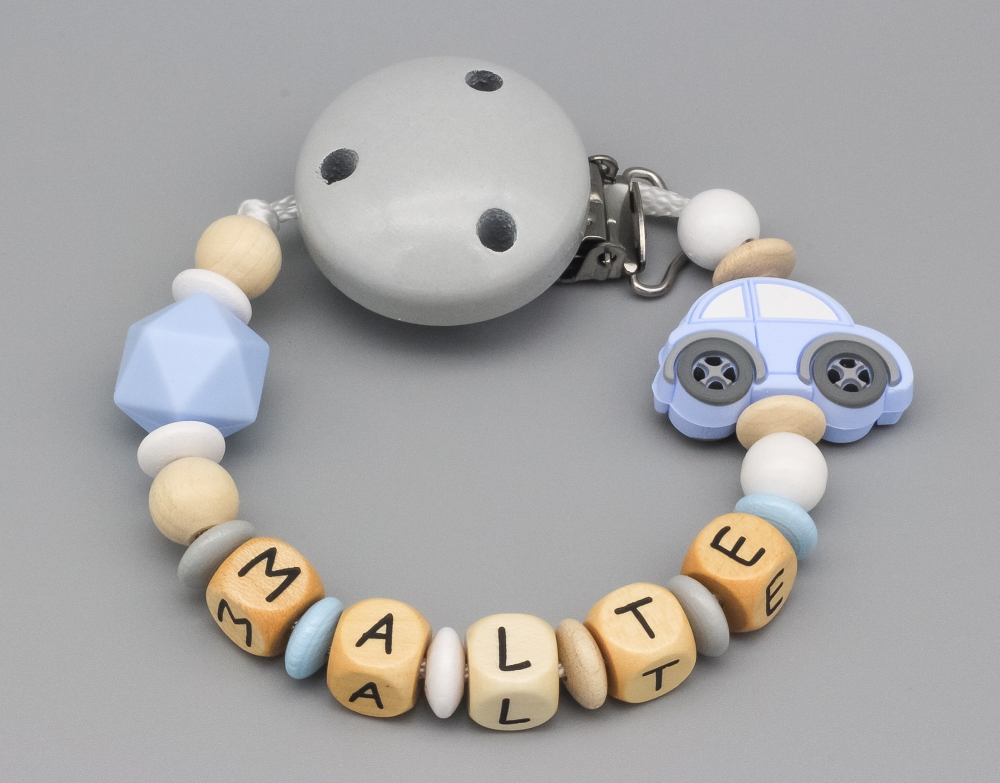 Schnullerkette mit Auto und Hexagonperle und Namen