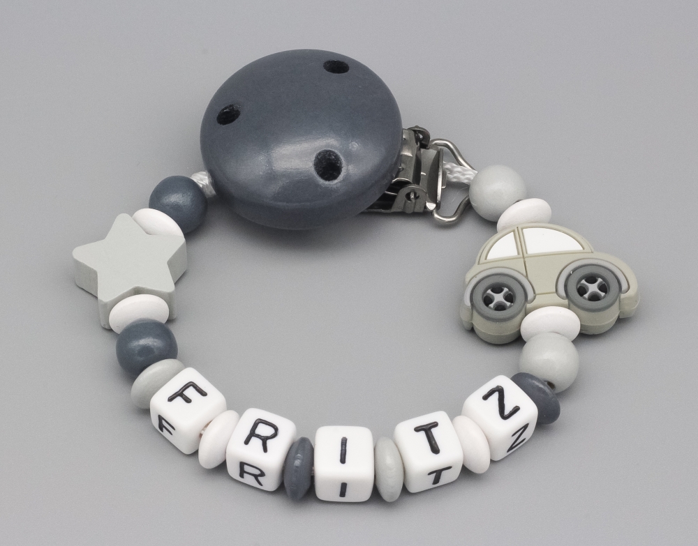 Schnullerkette mit Auto und Stern und Namen