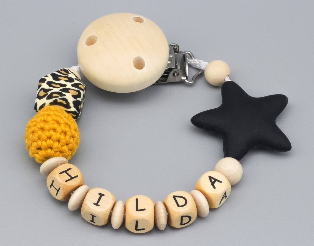 Schnullerkette Leo mit Häkelperle und Silikonstern und Namen