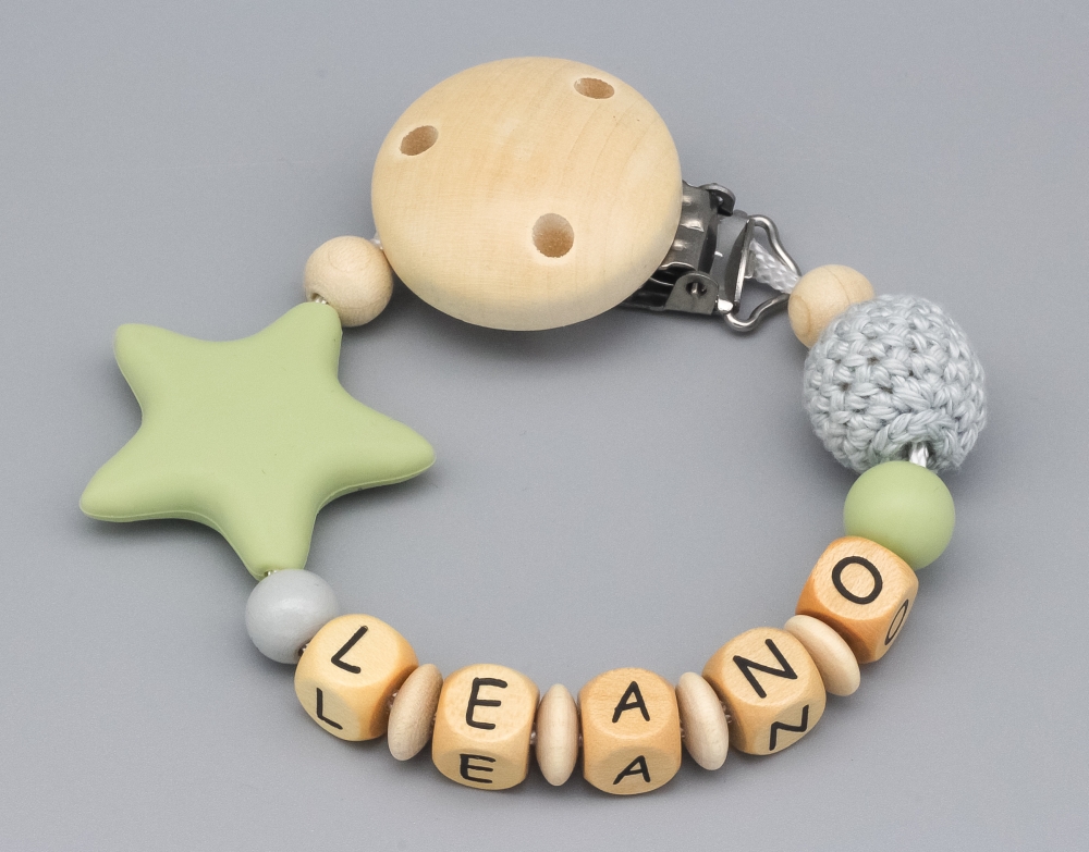 Schnullerkette mit Silikonstern und Häkelperle und Namen