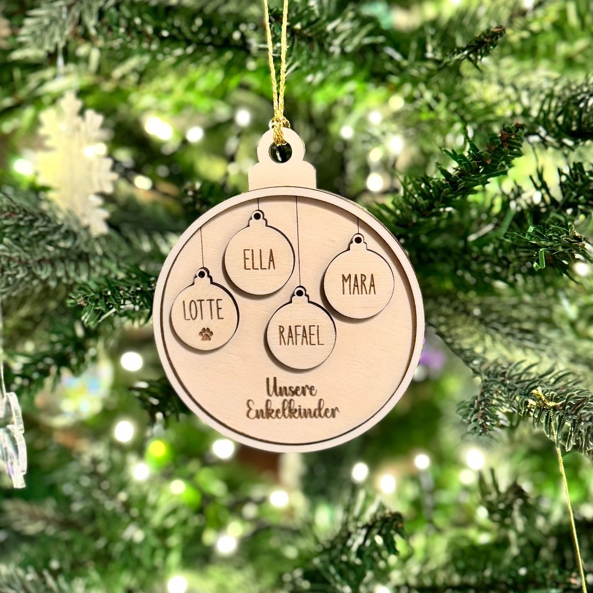 Personalisierte Christbaumkugel mit Wunschnamen und Wunschtext aus Holz 4 Kugeln