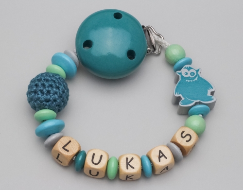Schnullerkette mit Monster & Häkelperle und Namen