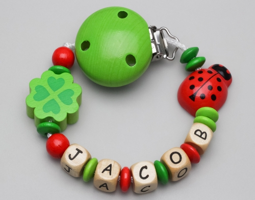 Schnullerkette mit Käferchen & Kleeblatt und Namen