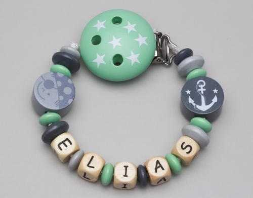 Schnullerkette mit Pirat, Motivclip & Anker und Namen