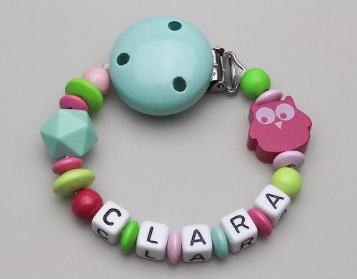 Schnullerkette mit Eule & Silikonperle und Namen