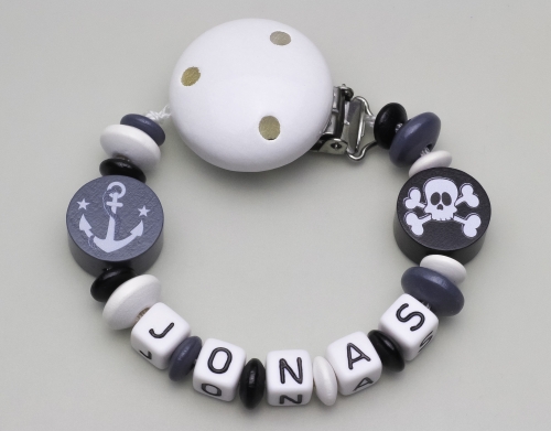 Schnullerkette mit Anker & Totenkopf und Namen