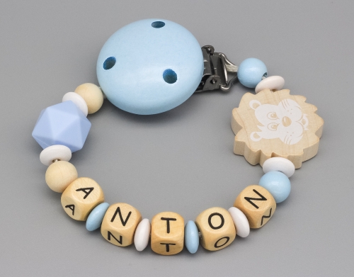 Schnullerkette mit Silikonperle und Löwe und Namen