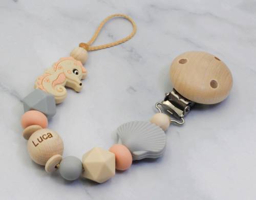 Schnullerkette mit Name  natur, peachy, blush, rosa Silikonperlen, Häkelperlen